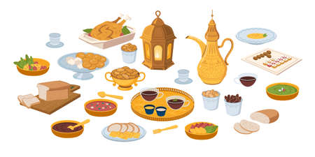 Iftar, ramadan banner with food and drinks eating isolated set, flat cartoon. Vector ftoor muslims evening meal at sunset. Eid mubarak, Ramazan Kareem meal, bread, fruits and vegetables.のイラスト素材