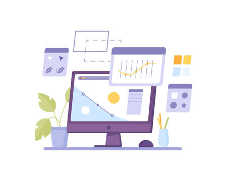 Design program computer isolated screen networking graphics and chat. Vector java script coding, corporate analyzing application, networking interface. Desktop with potted plant, stationery toolsのイラスト素材