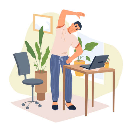 Man freelancer in casual cloth making stretching exercises standing near table with laptop, flat cartoon character. Guy working at home doing physical activities at work place, chair and flower potsのイラスト素材