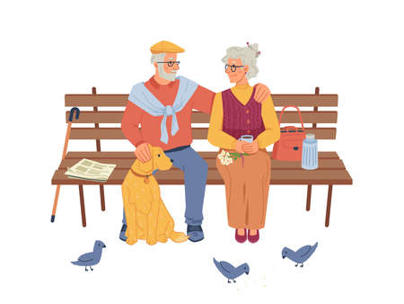 Elderly people sitting on bench, pigeons and dogのイラスト素材