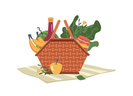 Picnic basket with food and drinks, fresh veggiesのイラスト素材