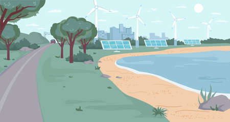 Eco city with renewable energy sources flat cartoon design. Vector ecology friendly environment, windmills and solar panels, green trees and river bank, clean blue sky. Modern town landscape cityscapeのイラスト素材