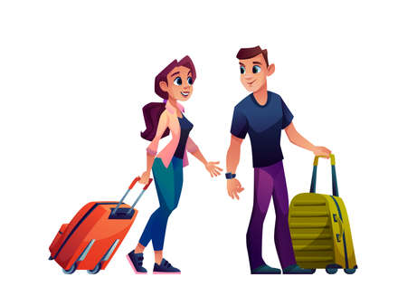 Happy young couple traveling with suitcase bags isolated cartoon characters. Vector man and woman with luggage, travel tourists going on vacation holiday rest. Adult people passengers go to journeyのイラスト素材