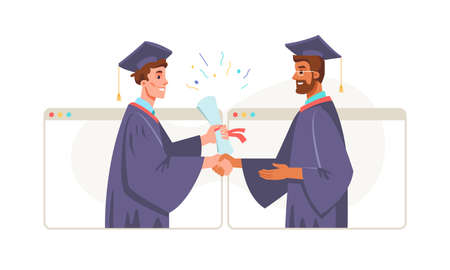 Graduation online, Bachelor Master degree student and lecturer professor in academic gown and mortarboard cap in computer screens. Vector graduate and presentation of certificate, diploma. Quarantineのイラスト素材