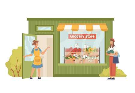 Grocery shop and cartoon people isolated. Vector greengrocery store facade exterior building, seller invites buyer to buy fruits, vegetables. Vector eco, organic food, vegetarian vegan products marketのイラスト素材