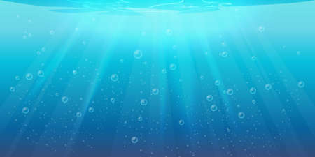 Vector underwater background, transparent aqua texture with air bubbles, ripples and sun rays falling. Sea or ocean aqua with light, seabed and sun beams, water surface, swimming pool or pond depth