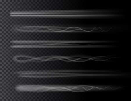 Smoke air trail set isolated 3D effects on transparent background. Vector rocket, plane jet or airplane trace, toxic chemical steam, aircraft or spaceship takeoff tail. Gas spray vapour, fog or mistのイラスト素材