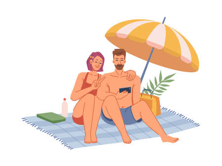 Couple in swimsuits sitting on blanket under umbrella, sunbathing on beach, making selfie on phone flat cartoon. Vector man and woman in swimsuits chilling on seashore, rest on holiday togetherのイラスト素材