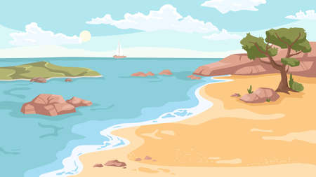 Seashore landscape background in flat cartoon. Vector sea beach with exotic green trees, rocky cliffs, ship yacht on horizon. Paradise island vacation at ocean. Nature scenery, sandy coast and rocksのイラスト素材