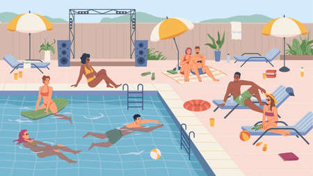 People swimming and relaxing by water, pool party and rest for male and female characters. Personage...