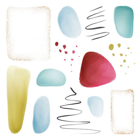 Watercolor set, textured brushes and shapes, frame of gold dots, collection of calligraphic strokes and splashes. Vector abstract watercolor blob brush shape frames, geometric color painted patternsのイラスト素材