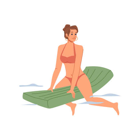 Adult woman in bikini swimsuit swims on inflatable mattress in water, summertime holiday vacation, recreation, flat cartoon character in swimwear isolated. Vector summer sport outdoors activityのイラスト素材