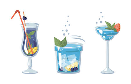 Alcoholic or non-alcoholic beverages of blue color, served with ice and pieces of fruits. Strawberry and mint, lemon and blackcurrant. Bar and pubs, clubs or restaurants. Vector in flat cartoon styleのイラスト素材