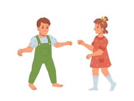 Baby boy and girl learning to walk, development and growth of kids. Toddlers wearing summer clothes exploring world, moving children. Happy childhood and innocence. Flat cartoon character, vectorのイラスト素材
