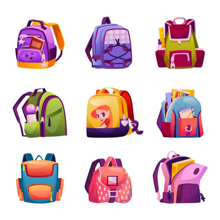 School bags for boys and girls, design and models of boyish and girlish backpacks. Satchels with supplies, books and pencils. Handbags with accessories and stationery. Flat cartoon style vectorのイラスト素材
