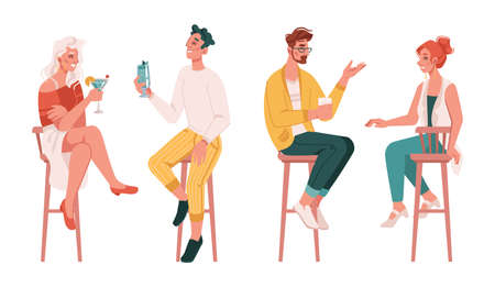Men and women drinking alcoholic drinks, people enjoying cocktails in bar, pub or restaurant. Isolated friends talking and chatting, entertainment or nightlife. Flat cartoon character vectorのイラスト素材