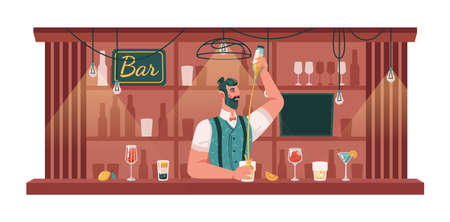 Barman or barkeeper serving alcoholic drinks making cocktails and orders. Bartender pouring alcohol to glass. Bartending man by counter mixing beverages. Bar or pub. Flat cartoon character vectorのイラスト素材