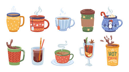 Beverages and hot drinks for winter, christmas set of cups with coffee, tea and cocoa with marshmallows. Melted chocolate and aromatic mulled wine, warm cappuccino. Vector in flat cartoon styleのイラスト素材