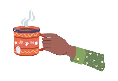 Hot beverage with steam poured in cup with xmas ornaments. Isolated hands holding mug of coffee or tea, tasty drink in cafe or restaurant. Homemade herbal liquid. Vector in flat cartoon styleのイラスト素材