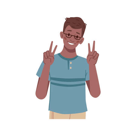 Gesturing boy showing victory or peace sign, isolated schoolkid wearing glasses. Symbol of success and winning, expressive student or pupil. Preteen kiddo. Flat style cartoon character vectorのイラスト素材