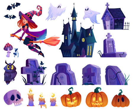 Witch character and flying bats, owl and pumpkins, gravestones and castle, ghost apparition and candles. Skull and mushroom design, set for halloween holiday celebration decoration. Cartoon vectorのイラスト素材