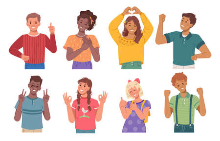 Gesturing children showing signs with hands, expression of joy and approval. Boys and kids with...