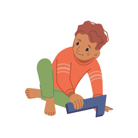 Kid playing with number toy learning to count, isolated boy developing skills by games. Small kiddo on kindergarten lesson for toddlers, preschool preparations. Flat cartoon character vectorのイラスト素材