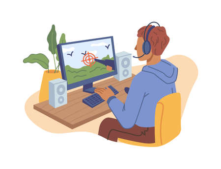 Teenager boy child playing online video game on computer isolated flat cartoon character in headphones shooting on duck. Vector hobby entertainment, guy spend leisure time at home, player in headsetのイラスト素材