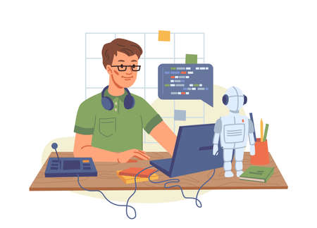 Portrait of male IT developer typing on keyboard programming code on computer screen and laptop isolated young programmer student. Vector college boy in glasses modeling robot, informatics lessonのイラスト素材