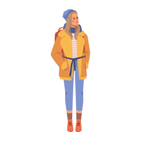 Fashionable woman in yellow coat on belt, blue jean trousers and red leather shoes, winter style collection. Vector fashion lady in warm hat and scarf, backpack rucksack on back, urban street gownのイラスト素材
