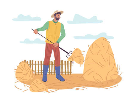 Male personage working on farm, farming person with hayfork instrument in hands collecting dry grass from field. Agriculture and organic means of horticulture. Cartoon character in flat style vectorのイラスト素材