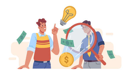 Thinking business people searching and finding solution with magnifier glass and light bulb isolated flat cartoon characters. Vector puzzled investors brainstorming, choosing new solutions, investmentのイラスト素材