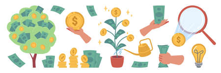 Investment flat cartoon icons set isolated. Vector green money tree with gold coins and bills, growing plant and watering can. Lamp new financial idea symbol, magnifier and golden coin, cashのイラスト素材