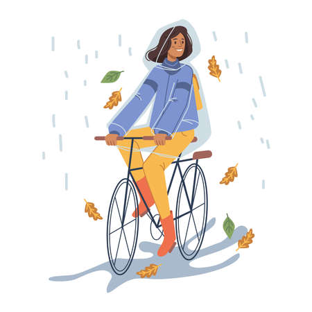 Female personage wearing protective raincoat riding bicycle under rain. Rainy wet weather in autumn, fall seasonal downpours and showers. Leaves and drops. Cartoon character in flat style vectorのイラスト素材