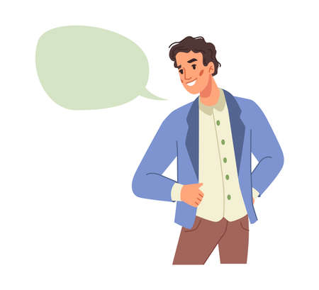 Happy young smiling man and big blank speech bubble, information, thought, quote and opinion, thinking chat box, communication and dialogue, empty discussion messageのイラスト素材
