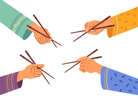 Hands hold Chinese chopsticks isolated flat cartoon set. Vector oriental people with wooden sticks in arms, traditional kitchen utensils to eat China food, asian cuisine eating tools, objectsのイラスト素材