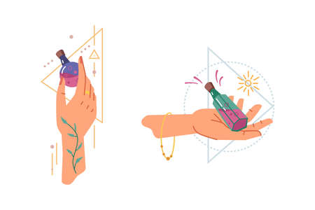 Magic hands holding miracle potion bottle, alchemy and esoteric isolated flat cartoon icons. Vector spiritual witchcraft arms, elixir of love death, magical witchcraft drink in glass flask with corkのイラスト素材