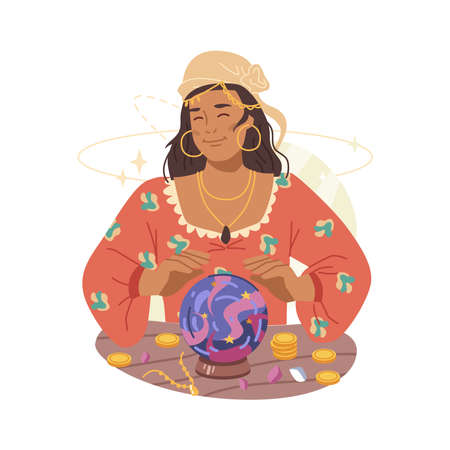 Fortune teller magic woman guessing on magic crystal ball isolated flat cartoon character. Vector future and fortune prediction, mystery witchcraft sphere, wizard magician telling fate, soothsayerのイラスト素材