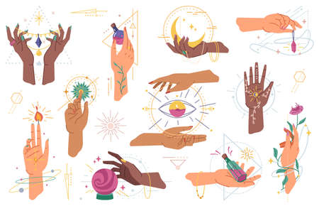 Magic hands holding flowers, ball crystal, moon and compass rose of wind, eye and amulet isolated flat cartoon set. Vector modern esoteric elements, spiritual witchcraft arms, bottle of potionのイラスト素材