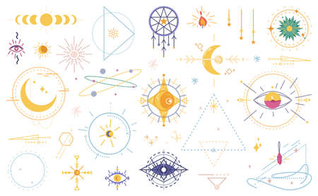 Wicca occult magic witchcraft flat cartoon icons isolated set. Vector magical signs, evil eye, celestial symbols of moon phase. Esoteric, spiritual inspired magician mystical gemstone amuletsのイラスト素材