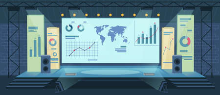 Interior of presentation room, screen with charts and graphs, conference hall and presentation room, audience screen background. Vector modern stage for audiences, loud speakers and light lampsのイラスト素材