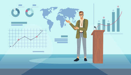 Modern stage, screen with infographic charts, speaker lecturer pointing on info board, flat cartoon background. Vector wooden lectern with microphone, professor or businessman on conferenceのイラスト素材