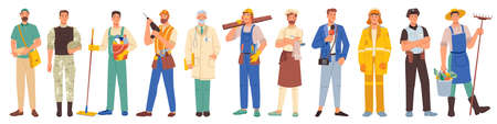 Workers professions isolated flat cartoon people set. Vector policeman, firefighter, builder and cook, doctor and farmer, journalist and military, postman, cleaner. Different occupations, man workersのイラスト素材
