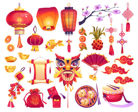 New Year chinese holiday symbols isolated icons set. Vector lantern lamp, sakura flower, tassel decoration and golden ingot knot. Paper dragon head, red hongbao envelope, gold bars and coinsのイラスト素材
