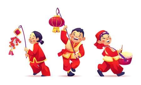 Chinese New Year festival, people celebrate CNY isolated on white. Vector boys and girls with paper lanterns and firecrackers, oriental parade, asian kids in red traditional costumes celebrating festのイラスト素材
