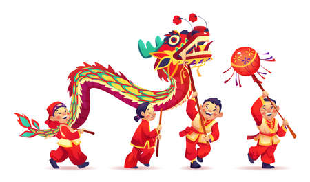 CNY parade people dance with paper dragon isolated on white. Vector Chinese New Year celebration, people in traditional costumes celebrate national asian festival, performing traditional danceのイラスト素材