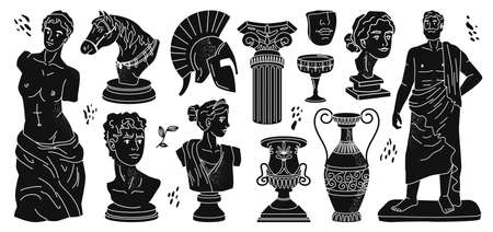 Ancient greek marble statues, vase and helmet, horse and Aphrodite, columns and olive oil branches isolated icons silhouettes set. Vector Greece and Roman culture symbols mythical man and womanのイラスト素材