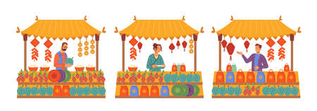 Shopping on market, Chinese New Year holiday fair, sellers at counter stands isolated flat cartoon icons set. Vector spring festival holiday fair, counters with fruits and souvenirs, CNY holiday saleのイラスト素材