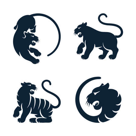 Wild cat black silhouette bengal tiger animals set isolated african tigress. Spring festival striped cubs with long tail, wildlife faunaのイラスト素材