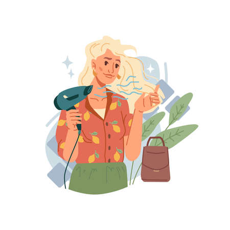 Blond woman dries hair with hairdryer isolated stylish flat cartoon character. Vector attractive caucasian girl with electrical blower in hands making glamour hairdo. Pretty girl and haircareのイラスト素材